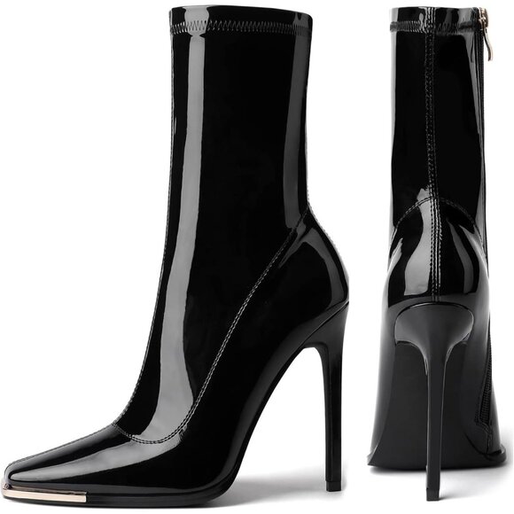 Women's Mid Calf Comfy Square Closed Heel Zipper Short Ankle Stiletto Black Boot - Picture 6 of 8